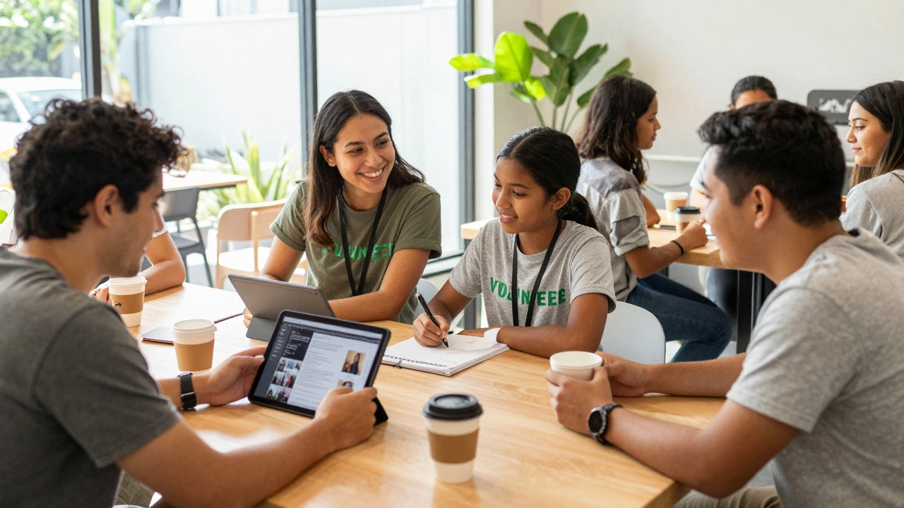 Diverse millennials collaborating on skill-based volunteer projects in a bright room