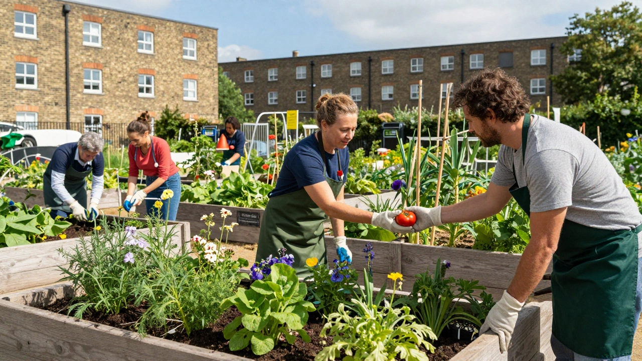 Diverse volunteers harvesting vegetables in an urban community garden