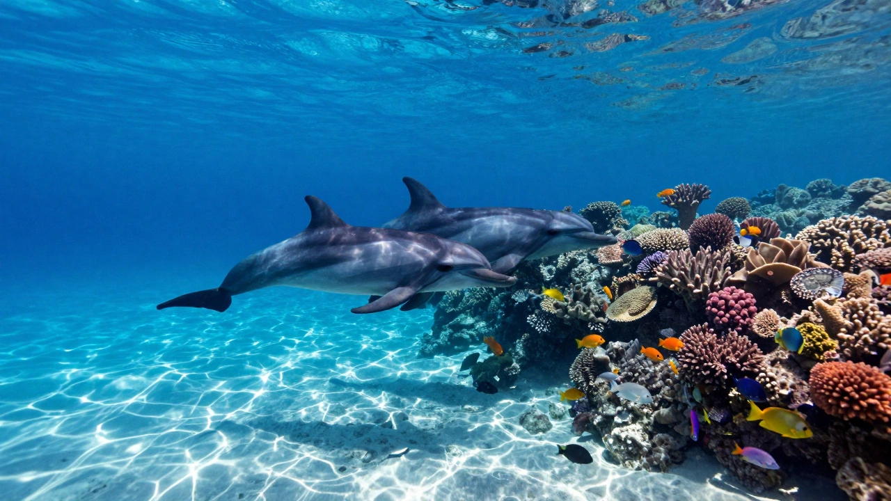 Dolphins swimming near a vibrant coral reef in clear blue ocean water