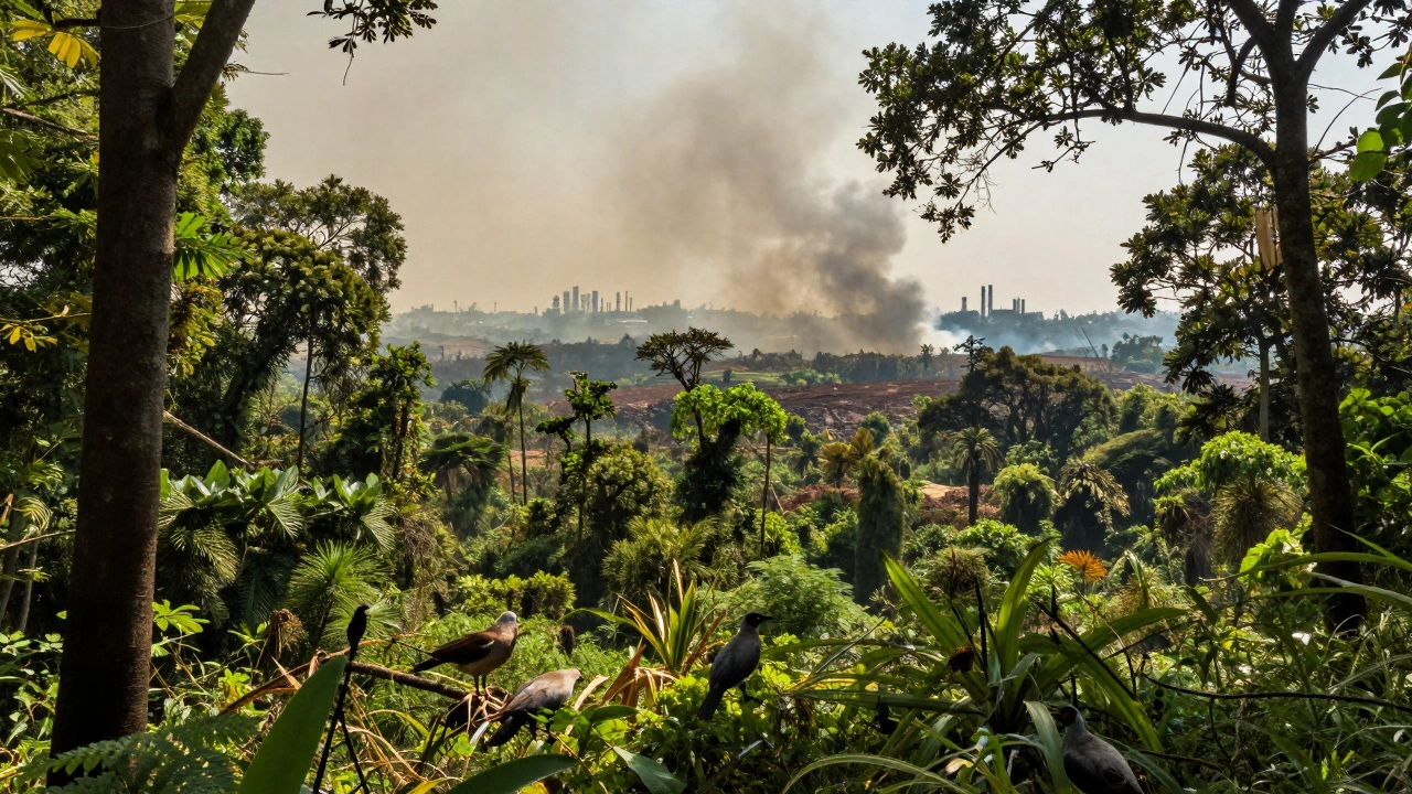 Forest edge with wildlife facing encroaching industrial smoke and deforestation.