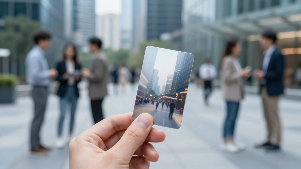 Hand holding a membership key card with blurred urban social background