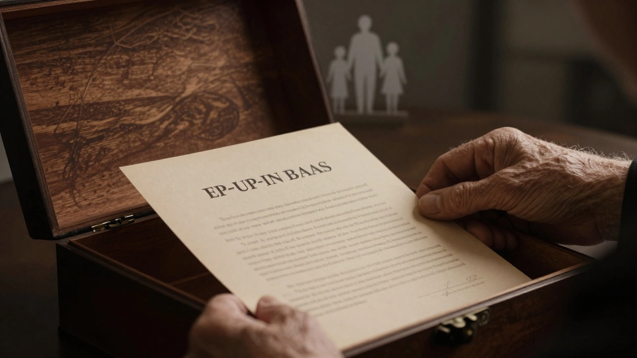 Hands placing estate documents in a wooden box with a family tree background