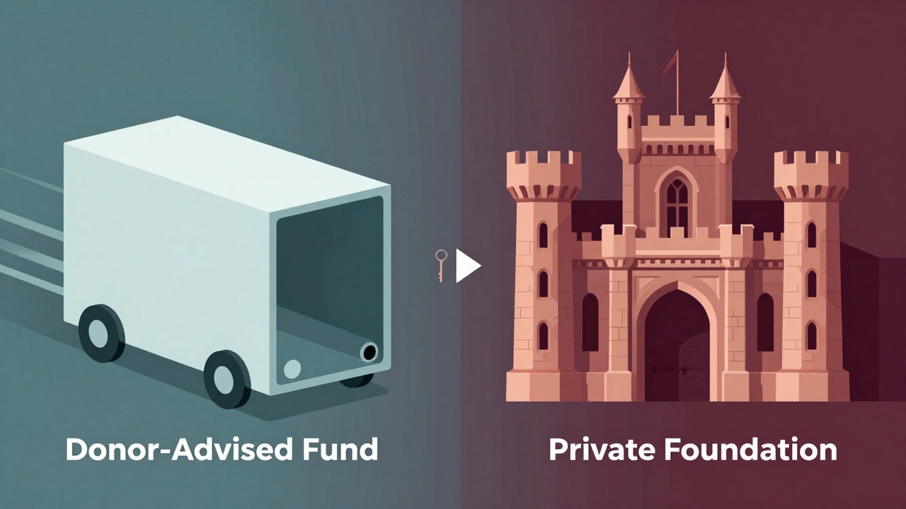 Illustration comparing a simple DAF pod structure to a complex private foundation castle