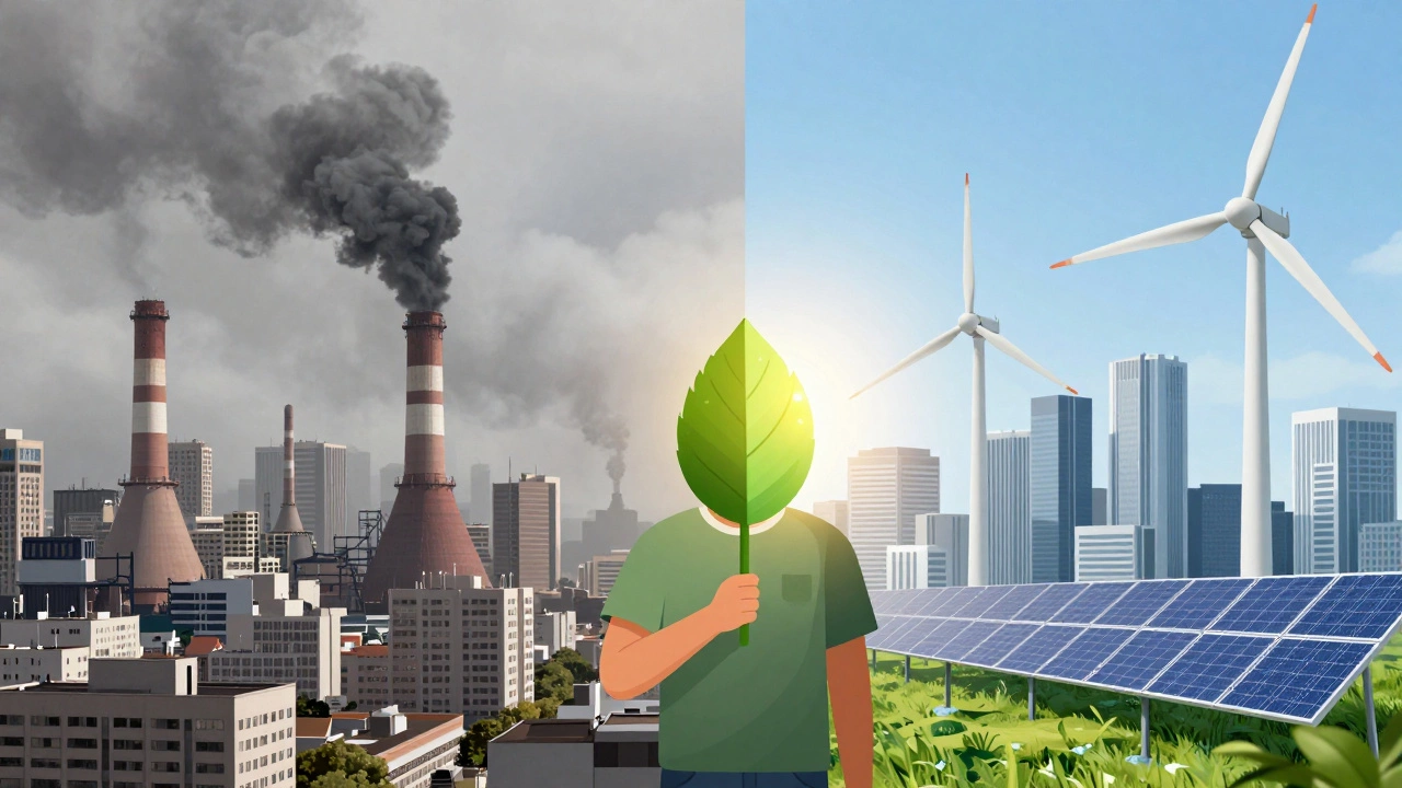 Illustration contrasting polluted industry with clean renewable energy cities