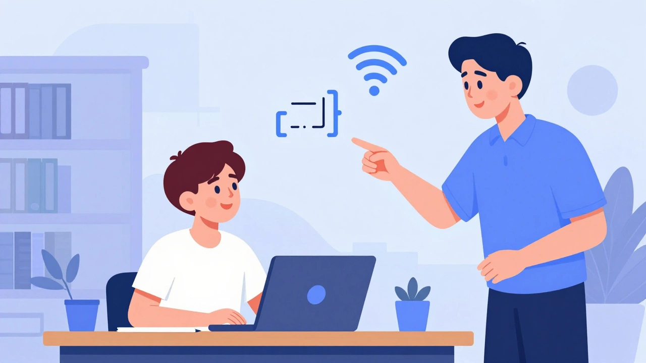 Mentor helping a teenager learn digital skills on a laptop