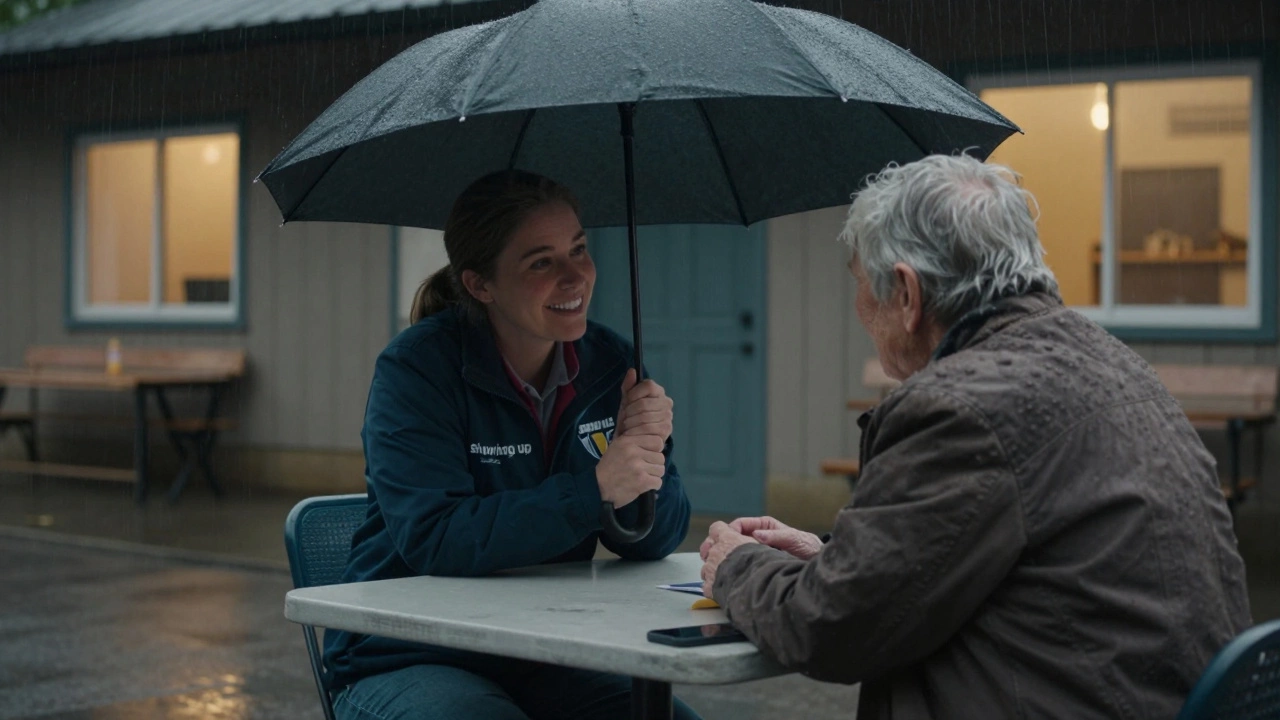 Outreach worker sharing an umbrella with an elder in the rain