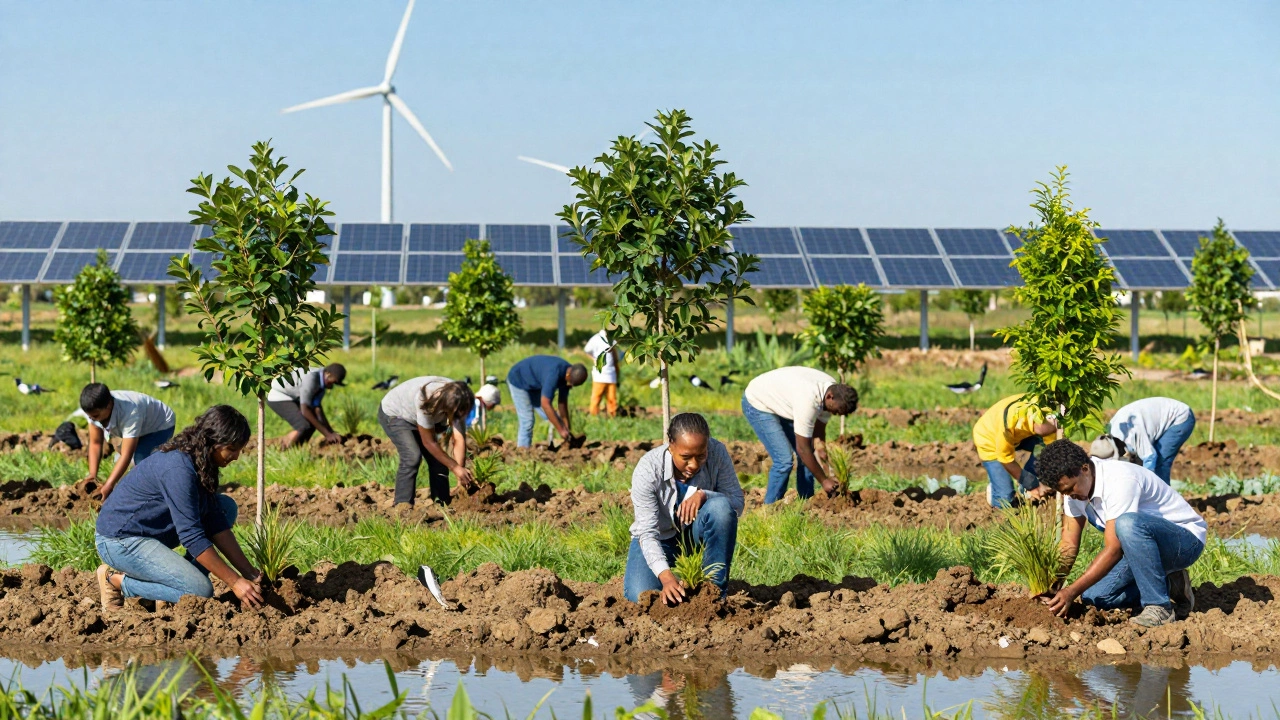 People planting trees near solar panels, symbolizing climate and biodiversity solutions.