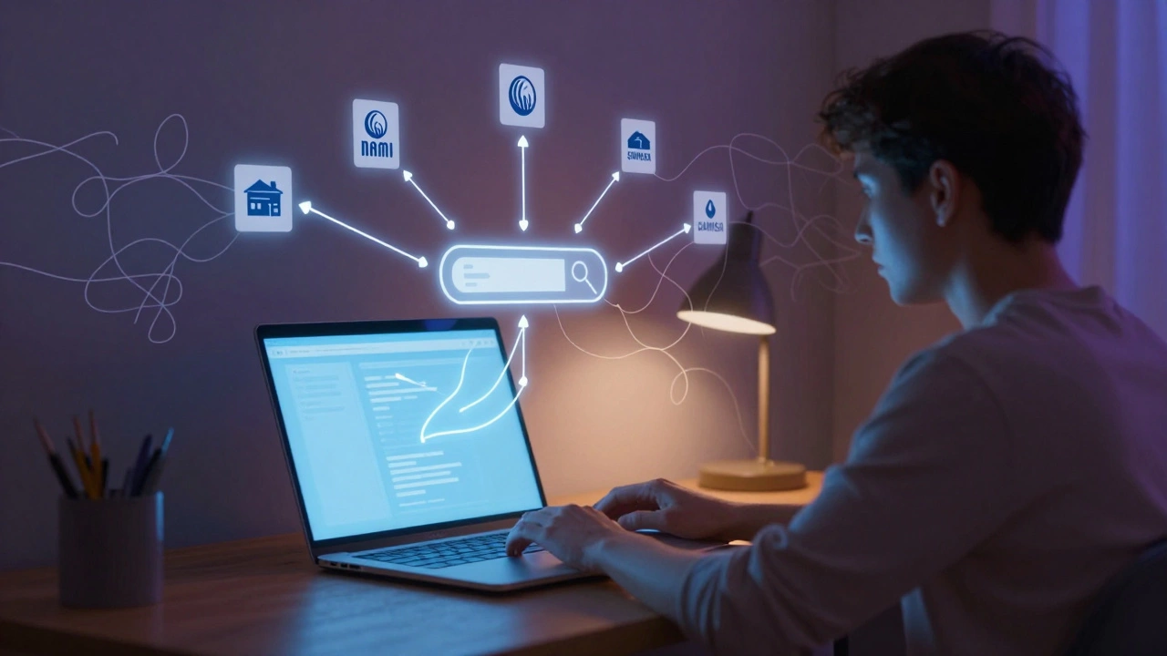 Person using laptop with abstract glowing paths symbolizing online search for help.