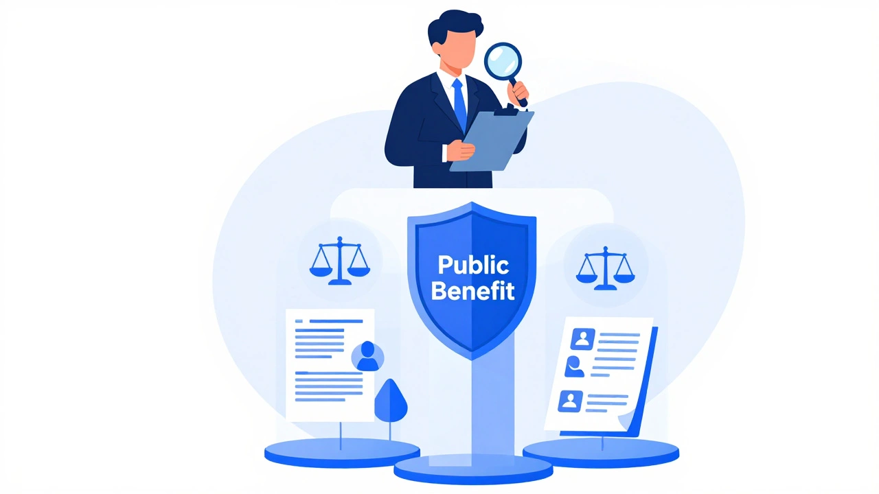 Regulator inspecting a shield of public benefit and charity records