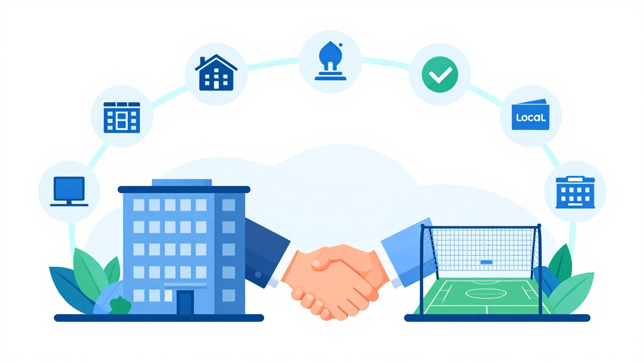 Vector illustration of connected community partners like libraries and gyms forming a supportive network.
