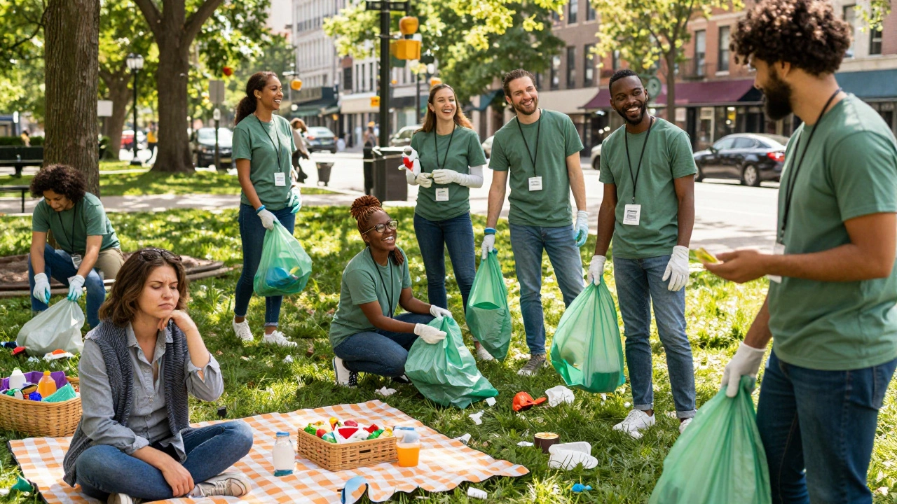Volunteers cleaning a park with food and music, engaging residents in friendly conversation.