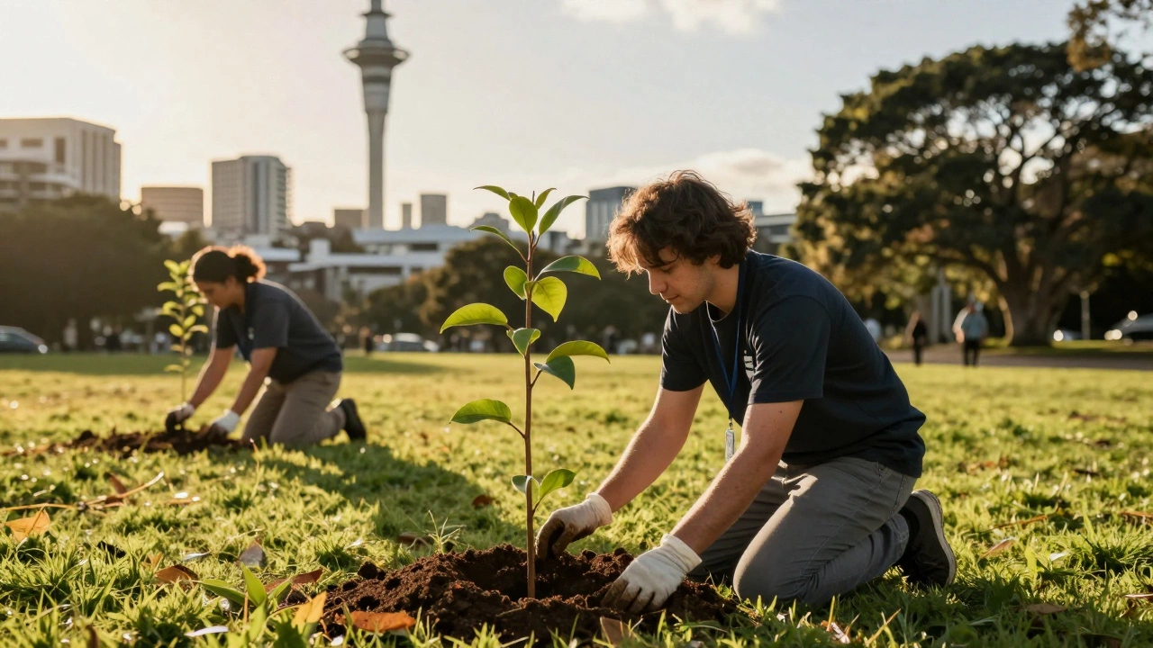 Volunteers planting a tree in a park with city skyline in background
