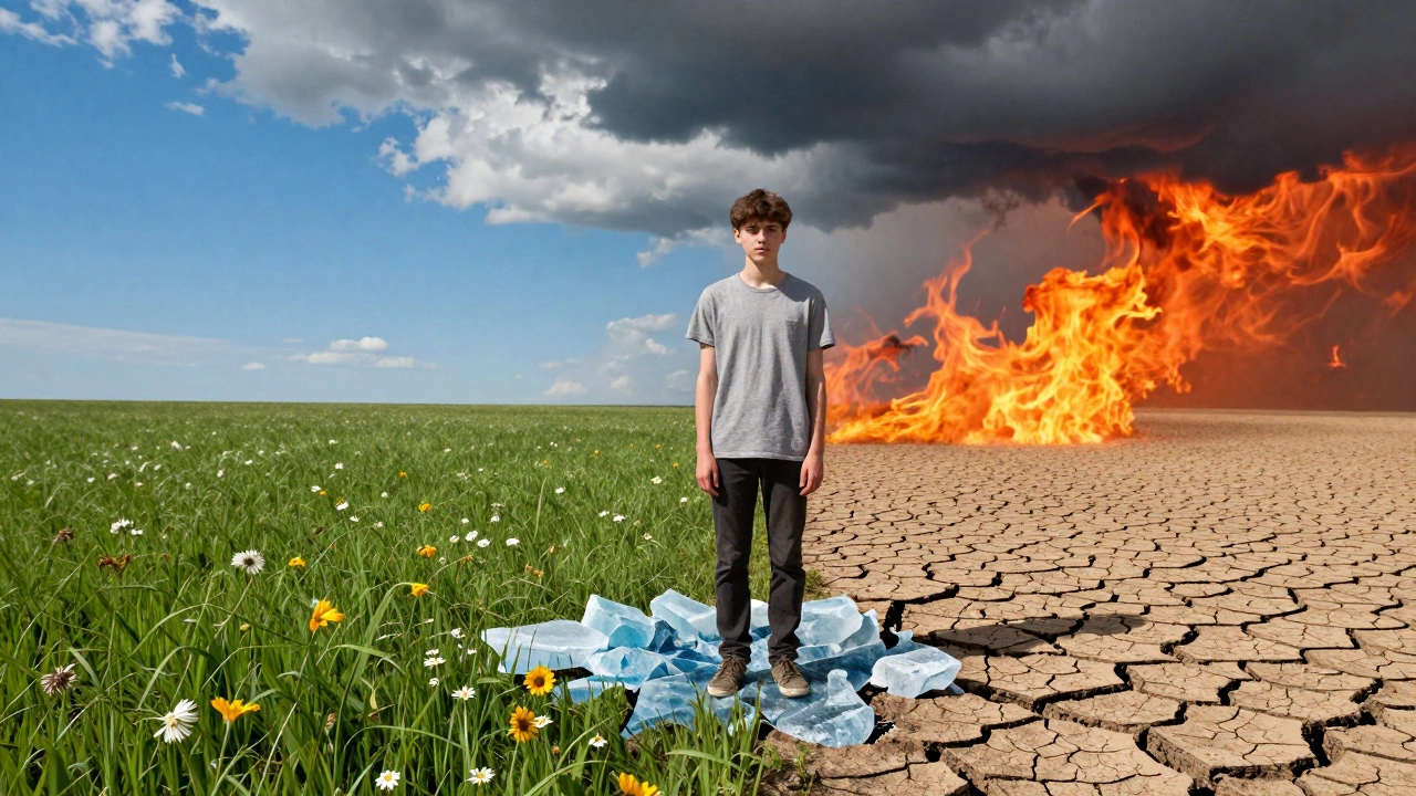 Young person in split landscape showing healthy nature vs climate damage and eco-anxiety.