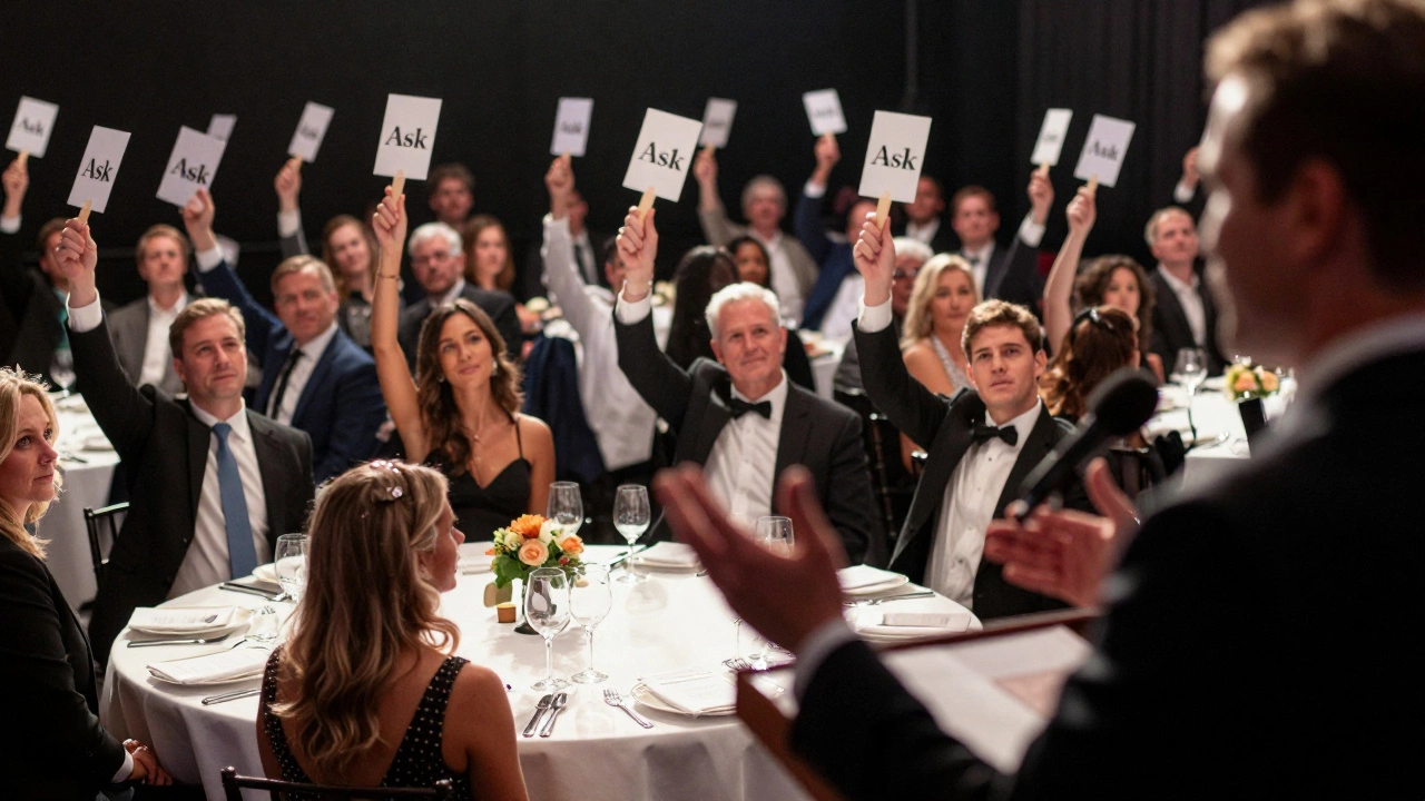 Attendees raise numbered paddles during a live fundraising auction at a gala.