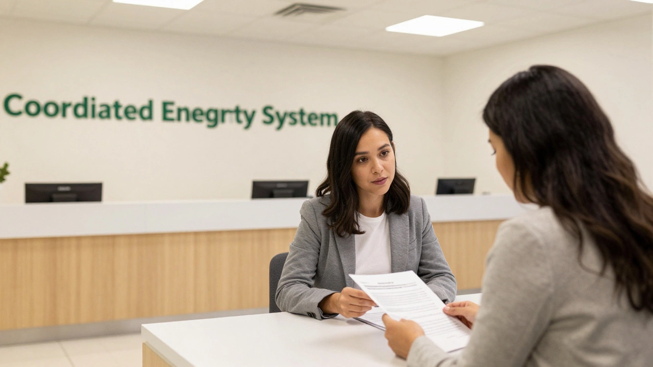 Case manager helping client at intake center desk