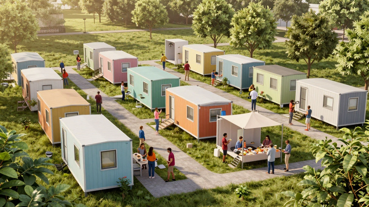 Colorful tiny home village community showing supportive housing solutions