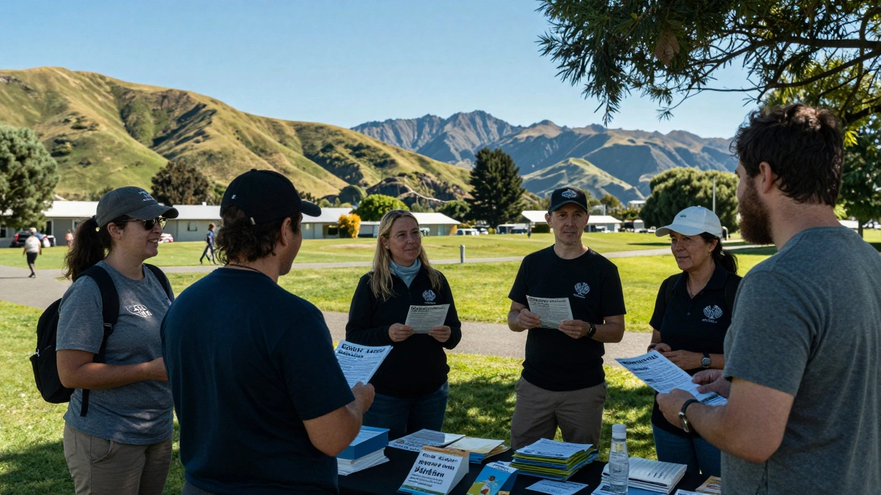 Community volunteers networking in a park with NZ scenery