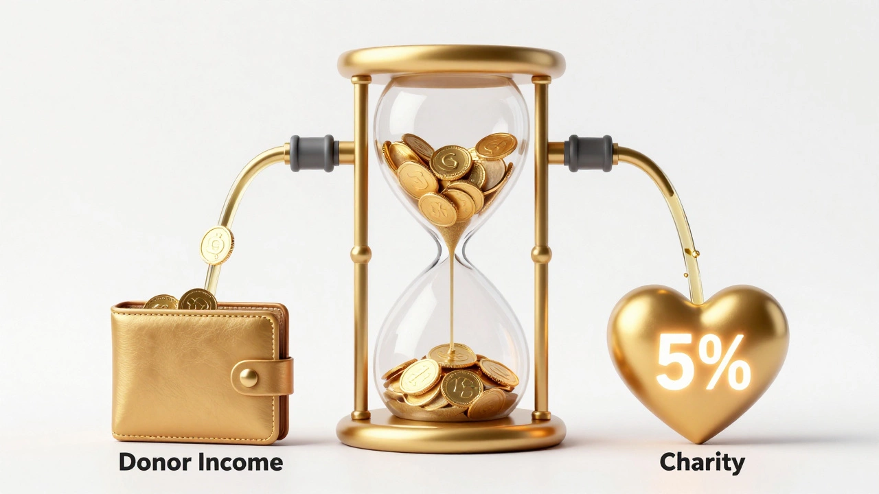 Conceptual illustration of assets splitting into donor income and charity gifts with a 5% gauge.