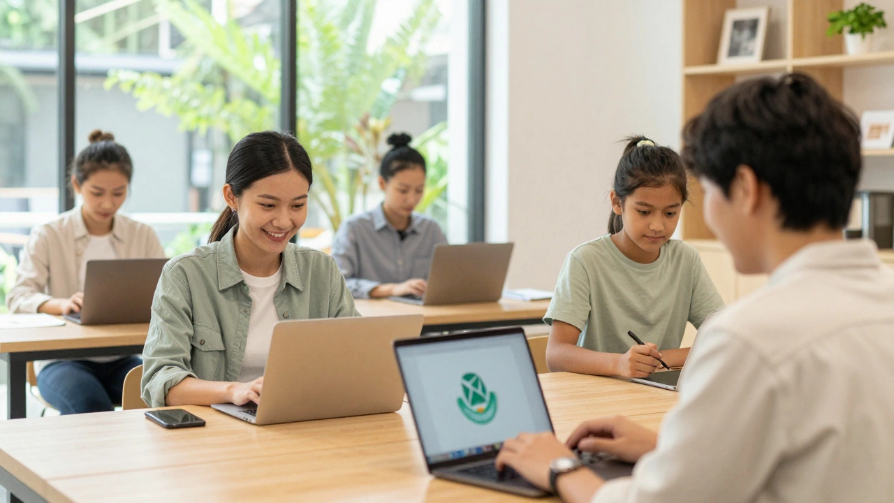 Diverse group collaborating on laptops in a bright, modern community space