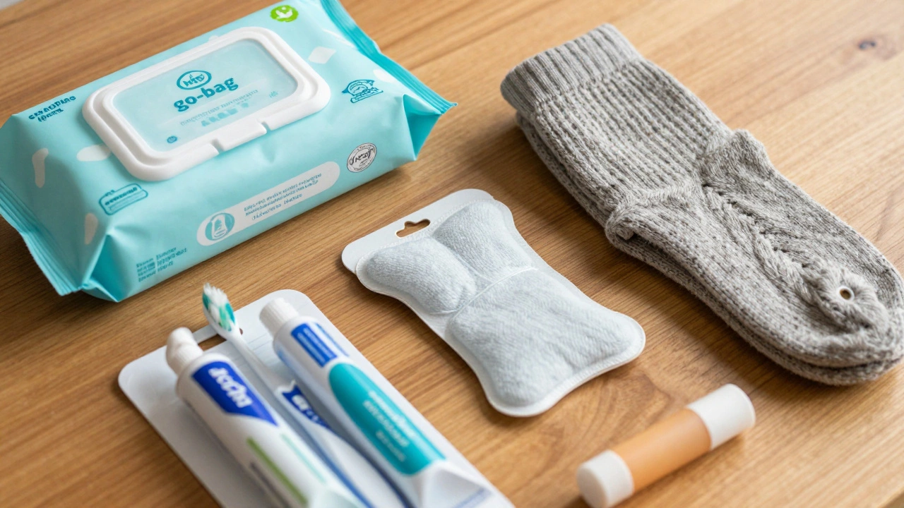 Essential hygiene kit items including socks, wipes, and hand warmers