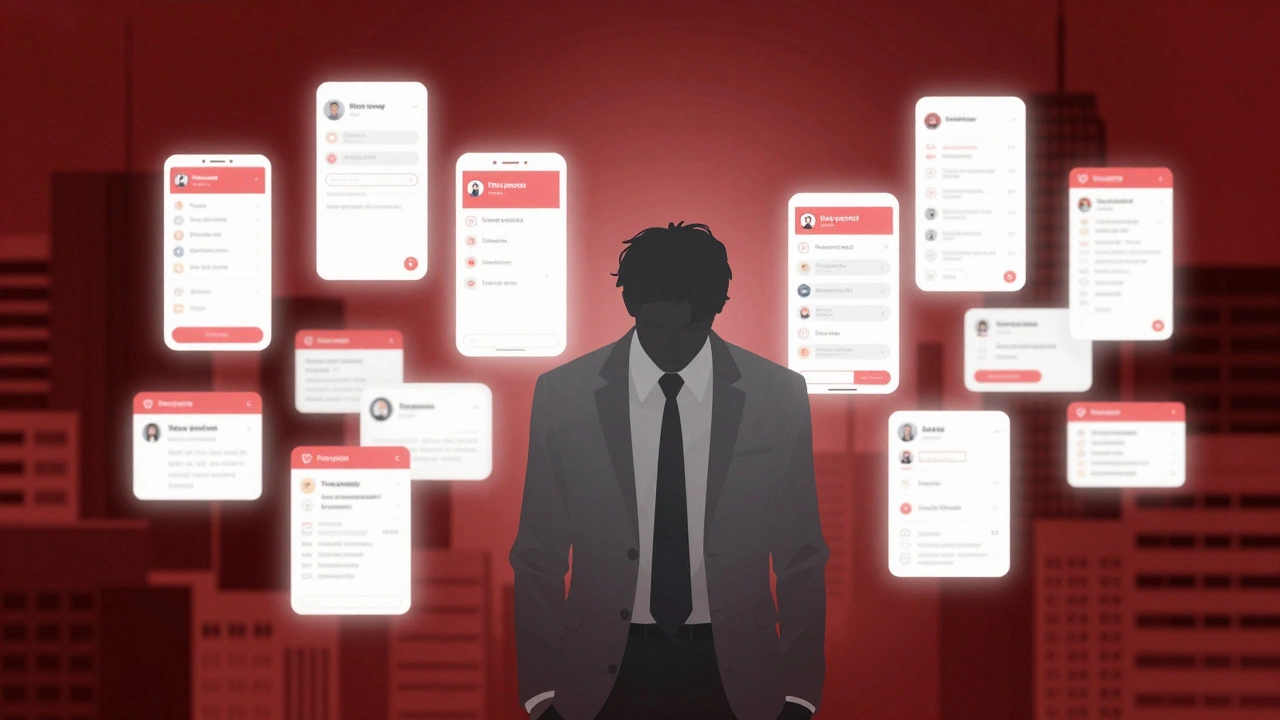 Exhausted person surrounded by floating smartphone screens representing stress