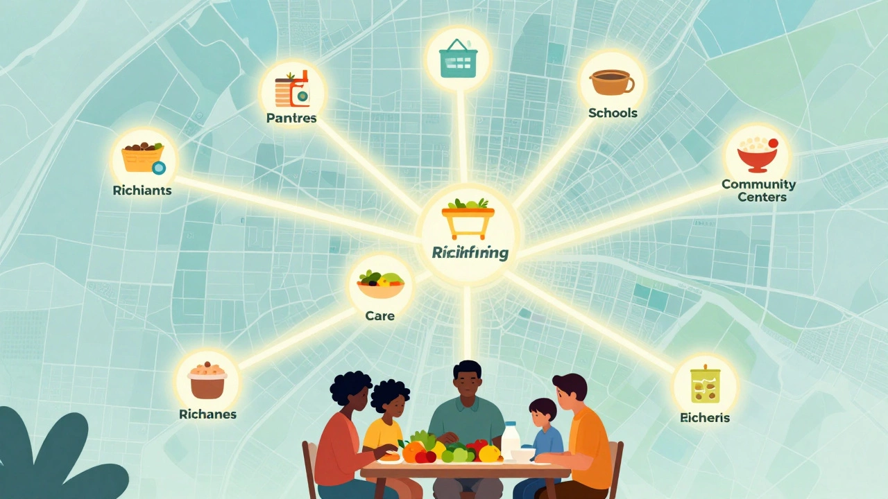 Family eating healthy food with a glowing city map