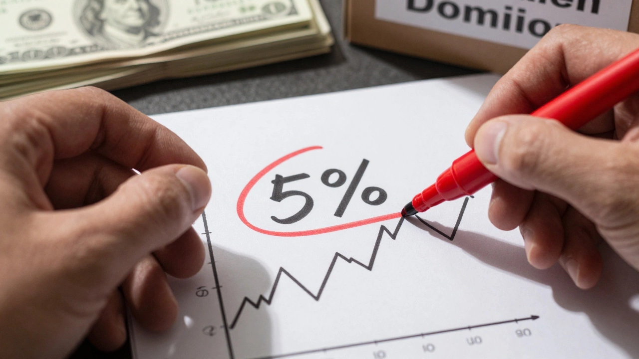 Hand circling 5% on a notepad next to a fluctuating market graph, symbolizing the payout rule.
