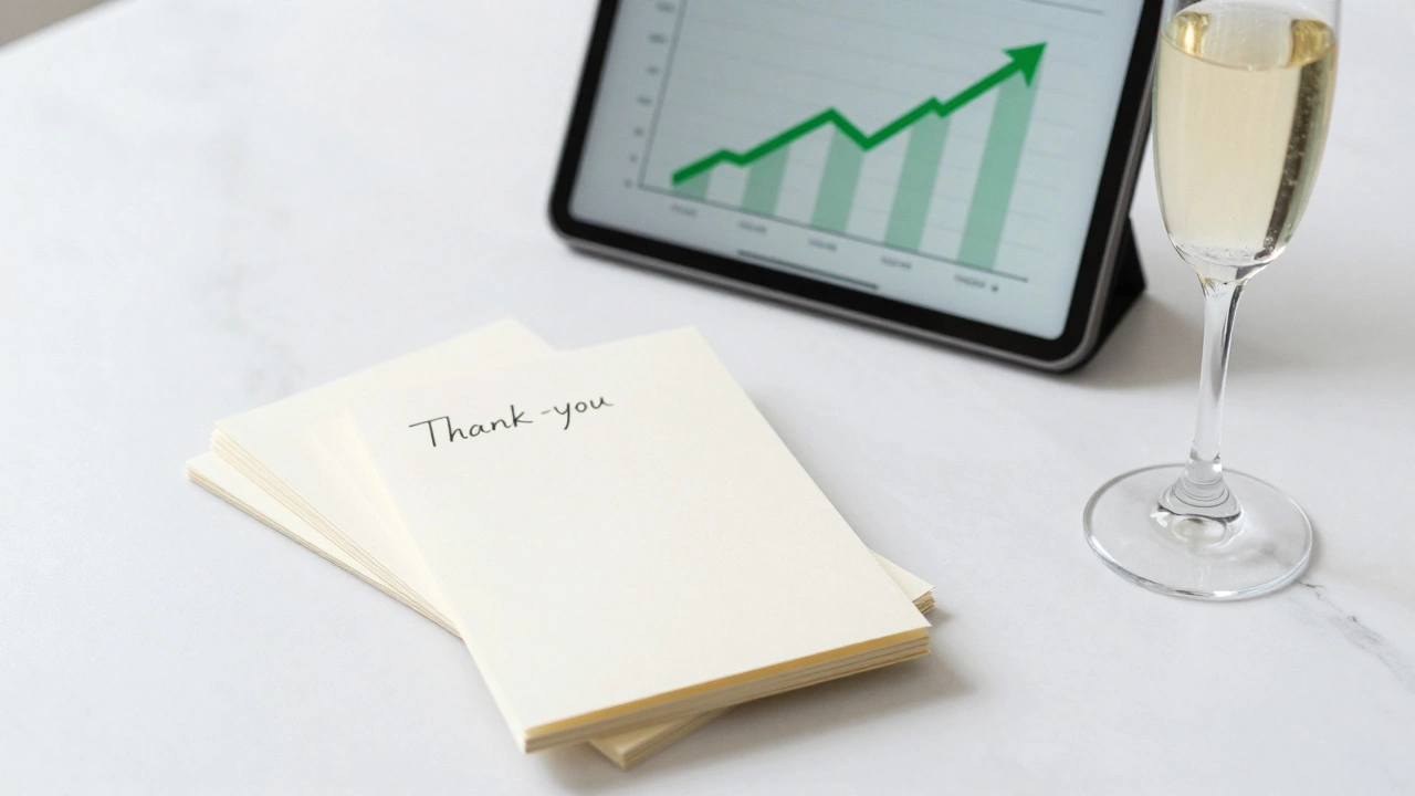 Handwritten thank-you notes and a tablet showing success metrics on a desk.
