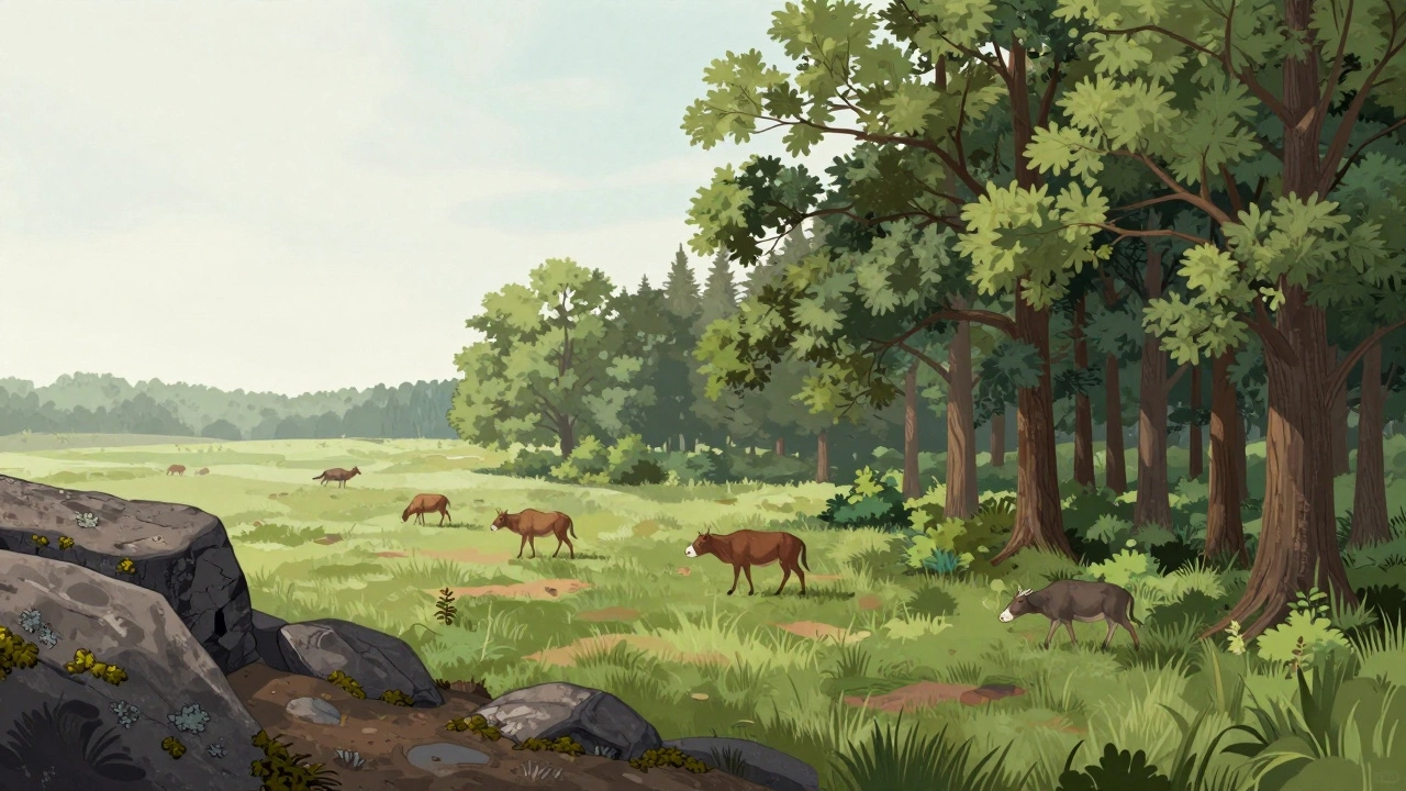 Illustration showing three stages of ecological succession from bare rock to mature forest