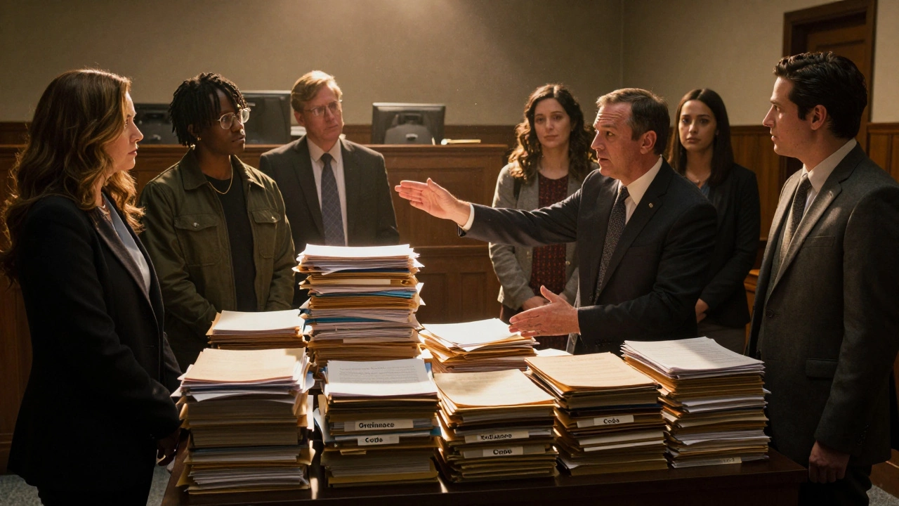 People consulting legal documents in a dimly lit office representing complex laws