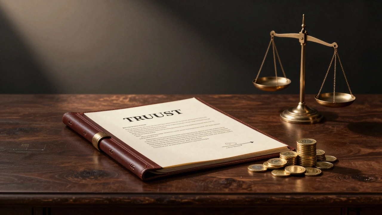 Sealed trust document and coins on a desk representing estate planning