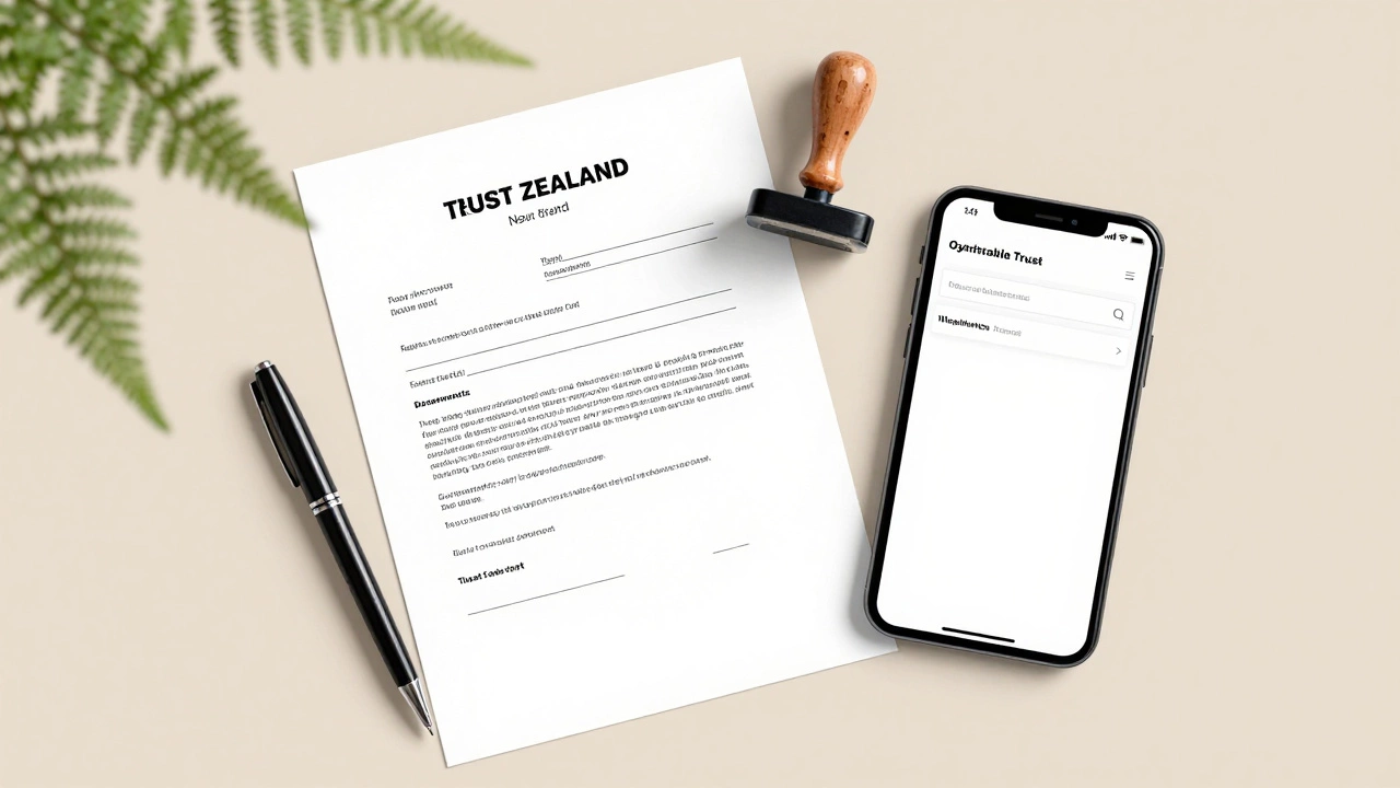 Signed trust deed and phone showing free charity registration