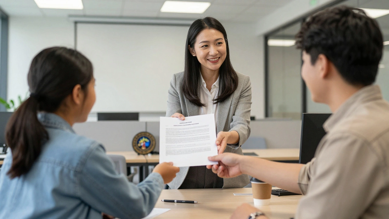 Student handing a proposal to a teacher advisor in a school office