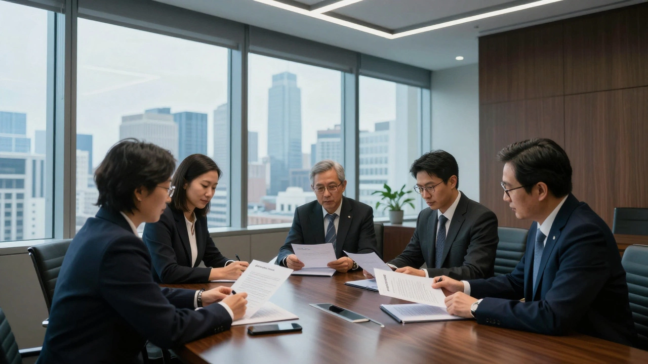 Trustees reviewing grant proposals in a modern foundation office