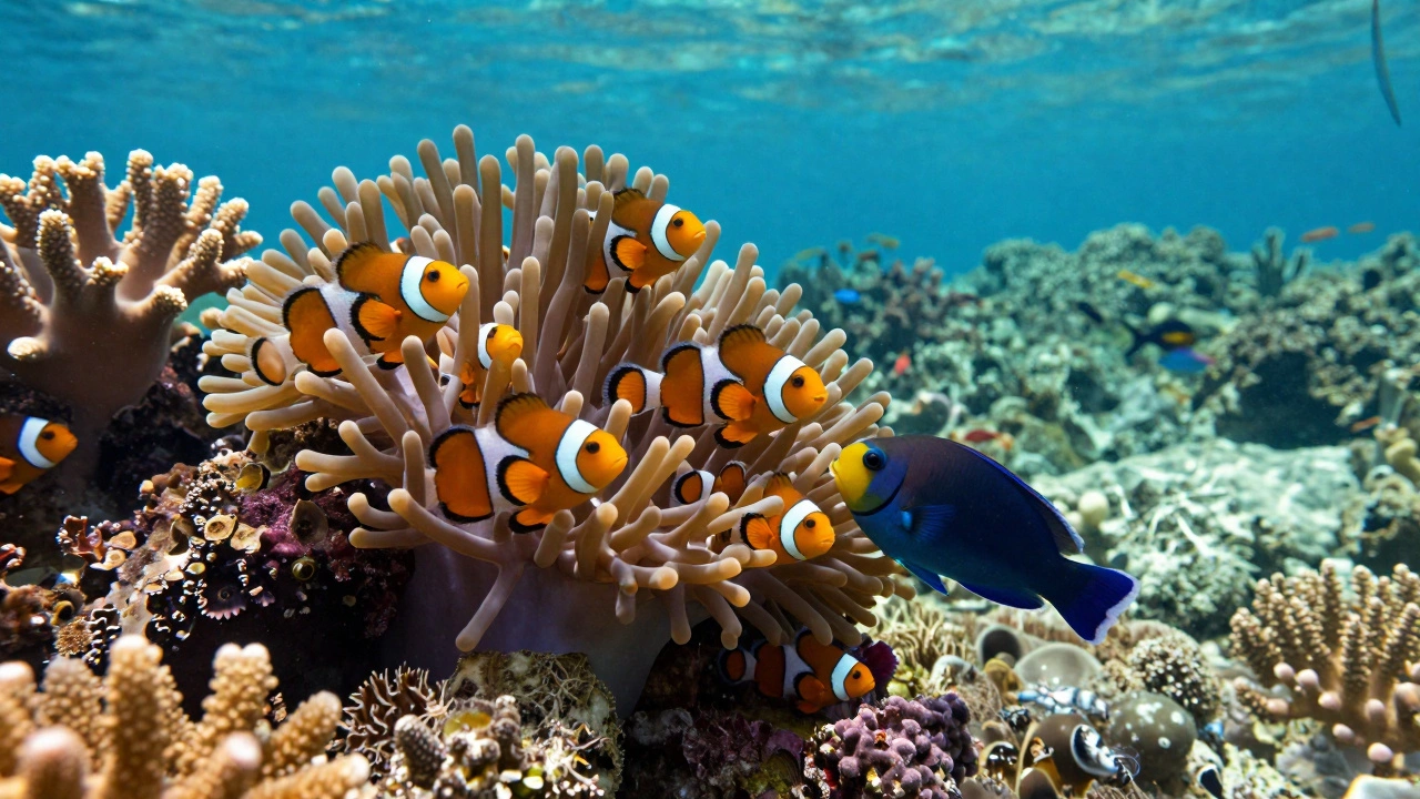 Vibrant underwater coral reef teeming with colorful fish and marine life in clear blue water