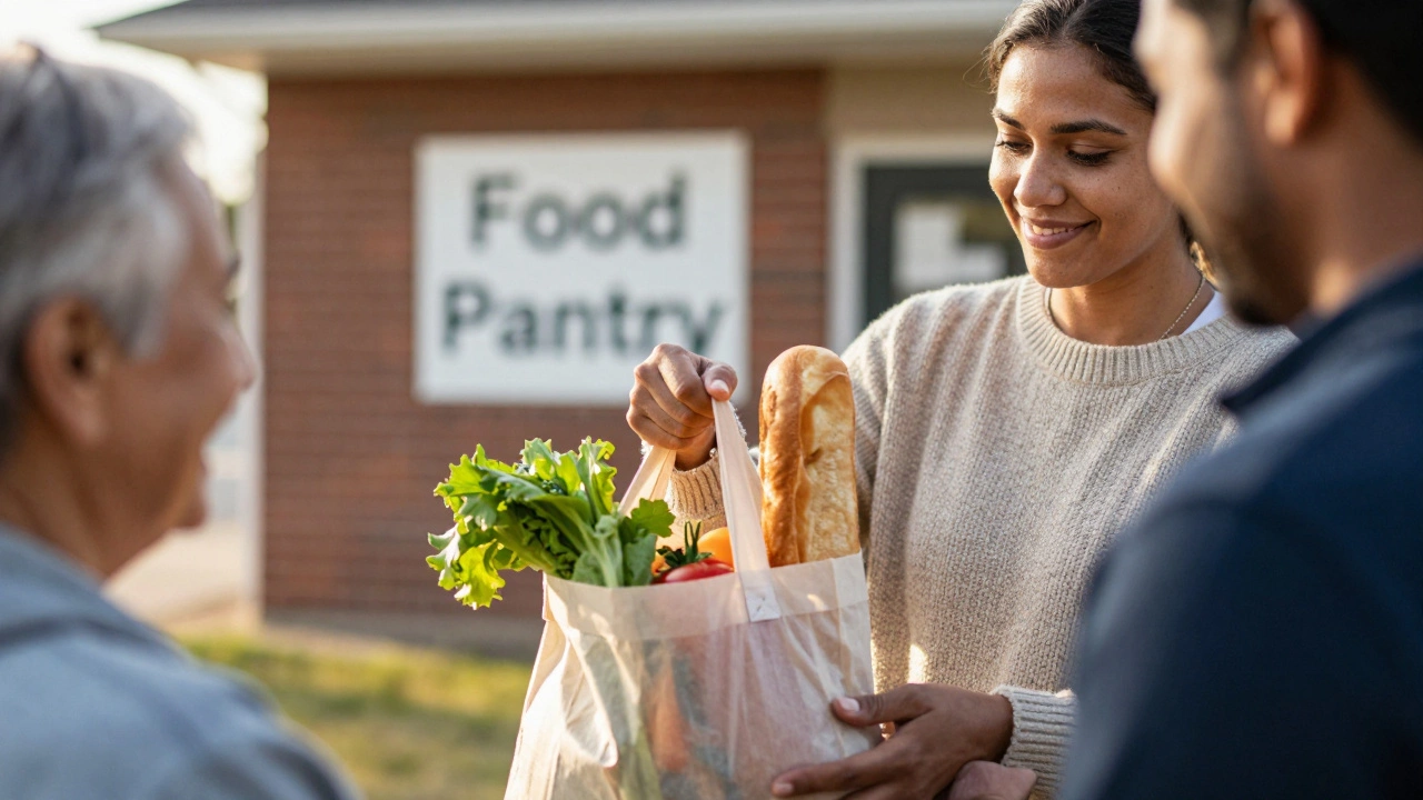 Volunteer handing a bag of groceries to a resident