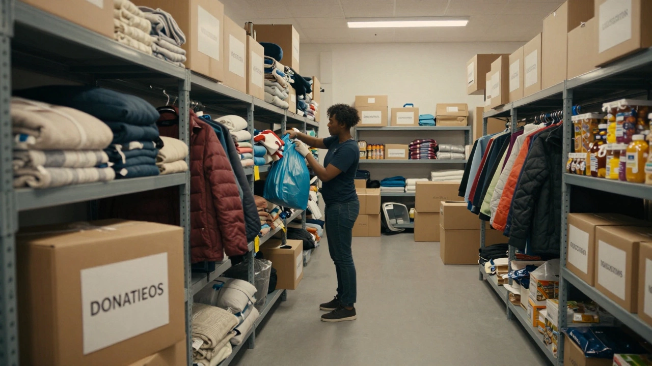 Volunteer packing supplies in a community shelter warehouse
