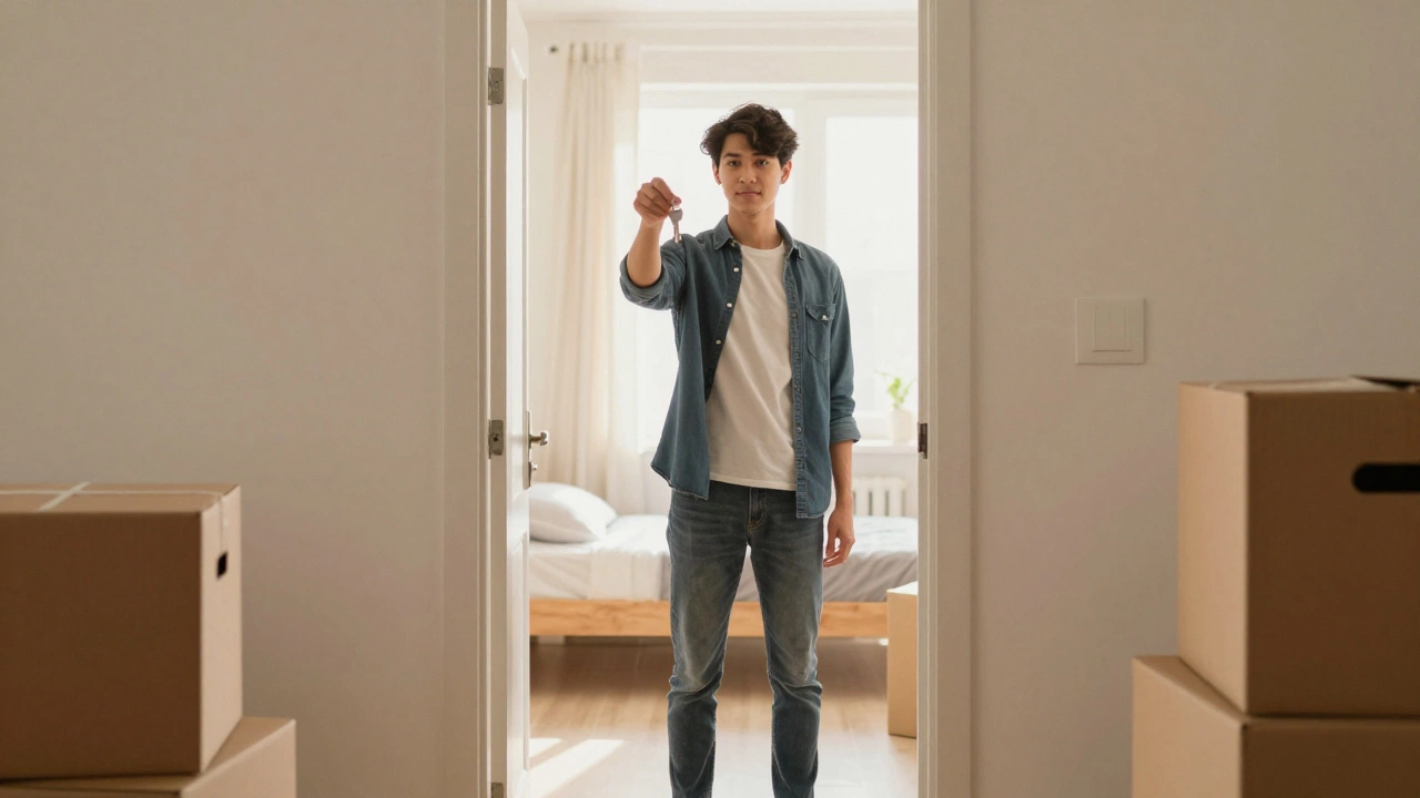 Adult holding keys at the door of a new apartment, symbolizing housing stability