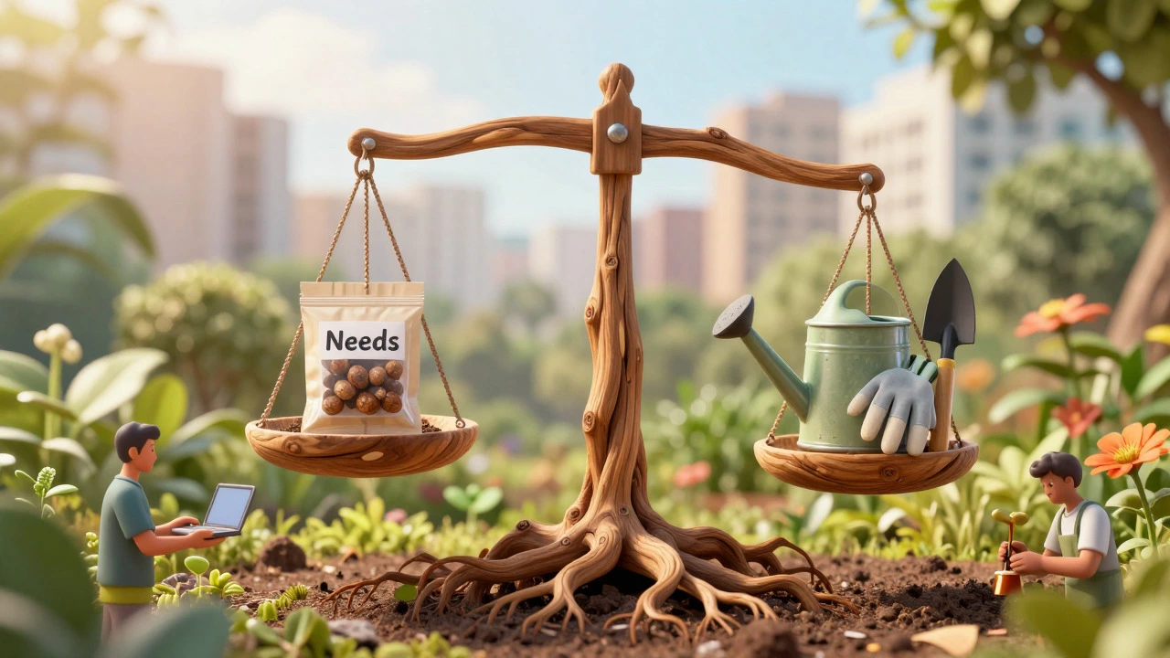 Balanced scales with seeds and tools, symbolizing equity and reciprocity.