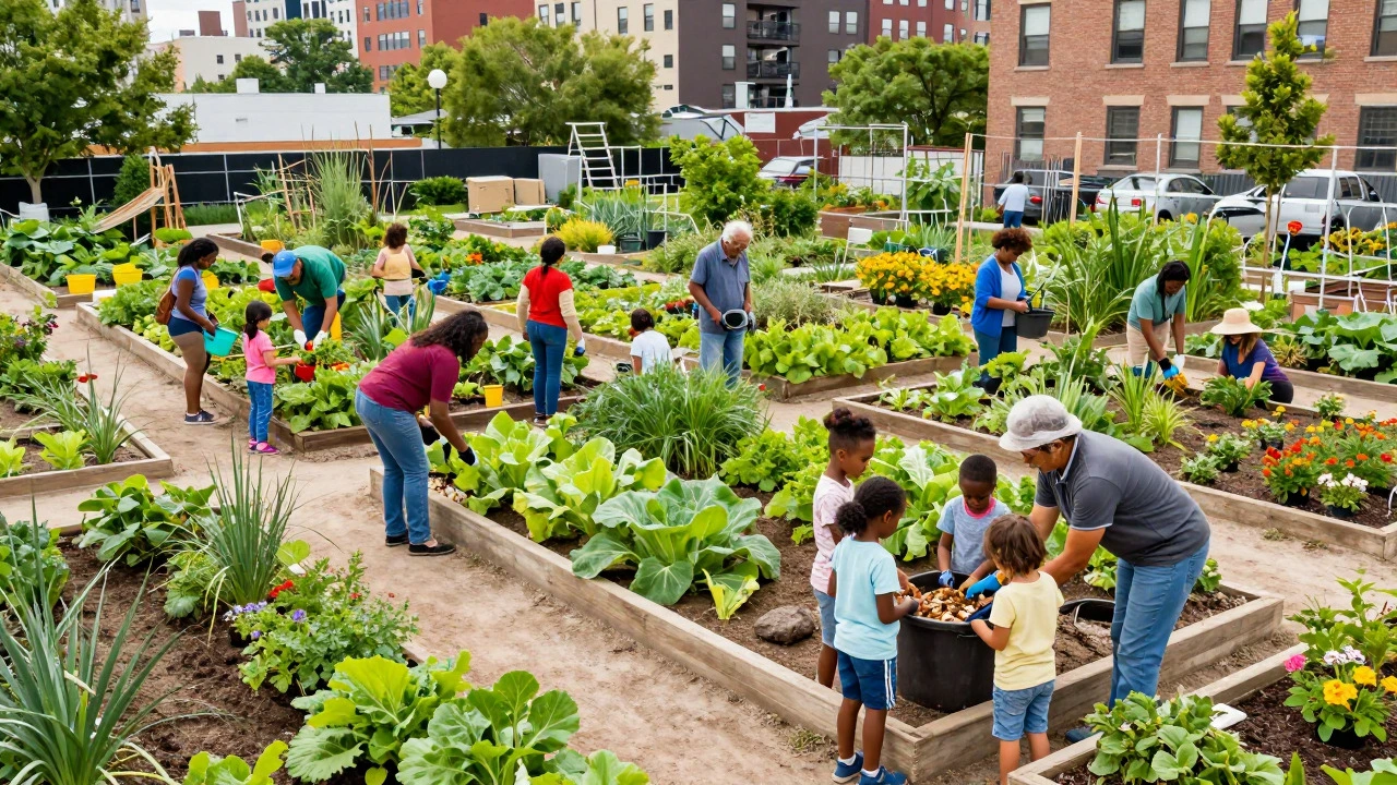 Diverse residents tending to raised beds in a vibrant urban community garden