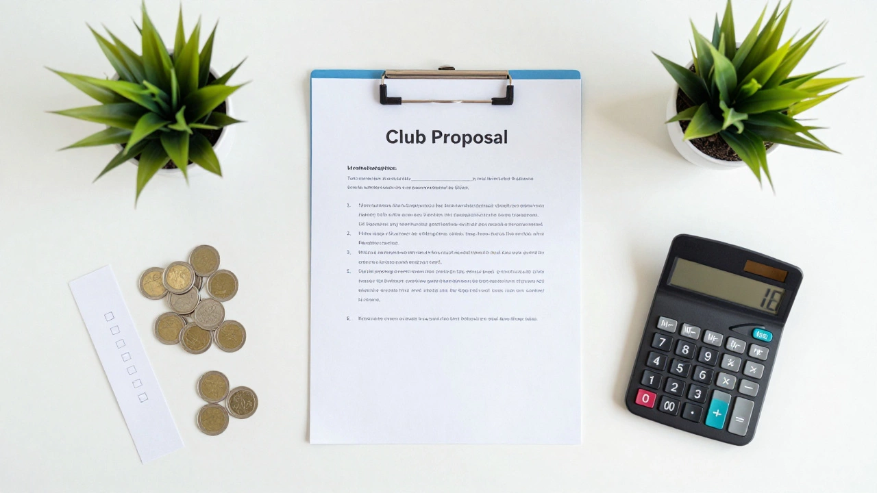 Flat lay of proposal documents, calculator, and coins on a desk