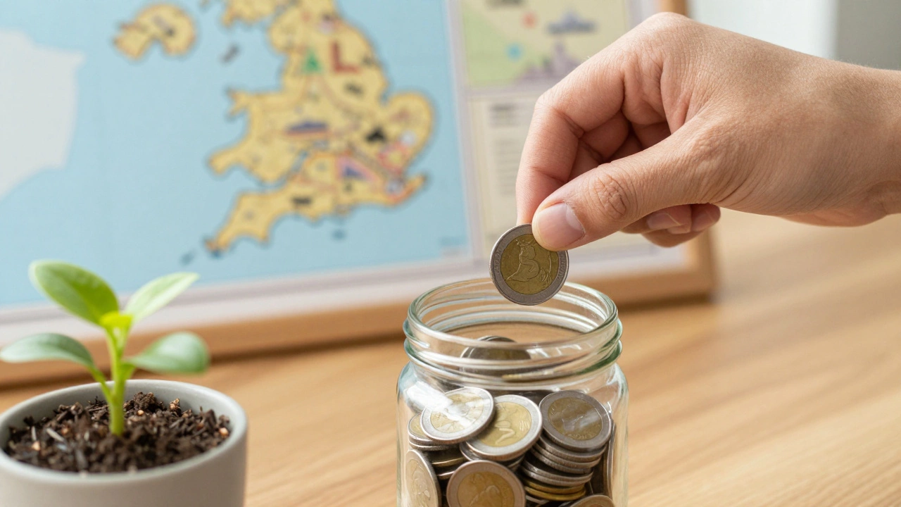 Hand dropping coin in jar with plant and UK map