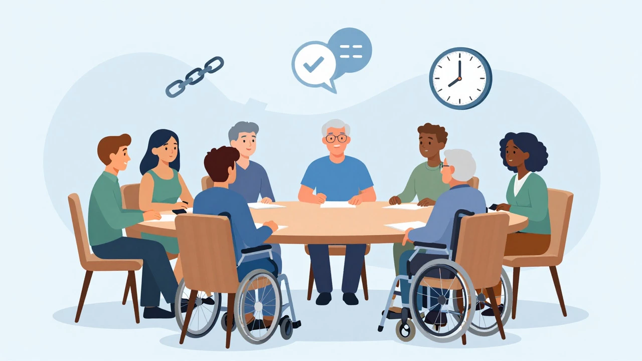 Illustration of diverse people seated at a table, representing inclusion.