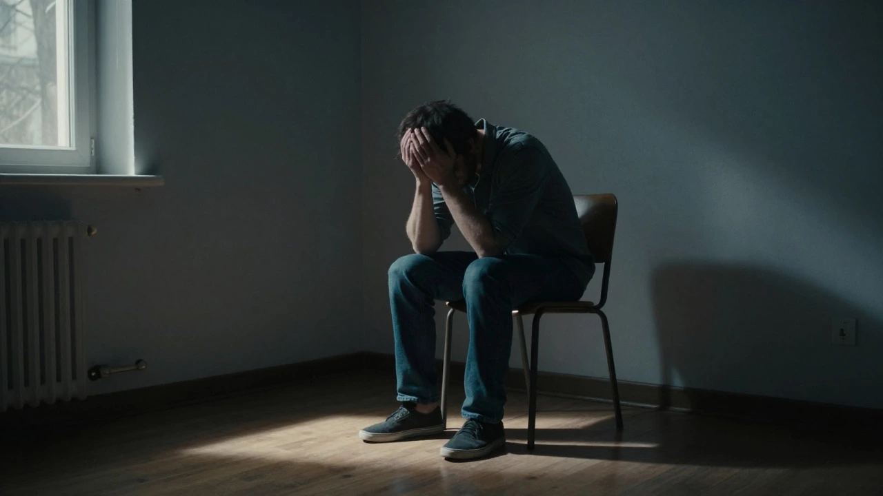 Lone figure sitting in shadow, representing volunteer burnout and emotional exhaustion.
