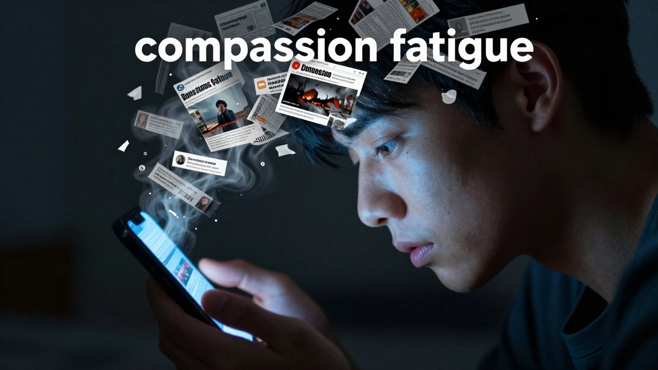 Person overwhelmed by negative news on smartphone screen glow