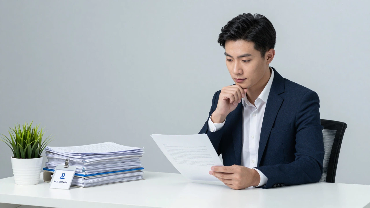 Professional reviewing documents with a volunteer badge, symbolizing career growth.