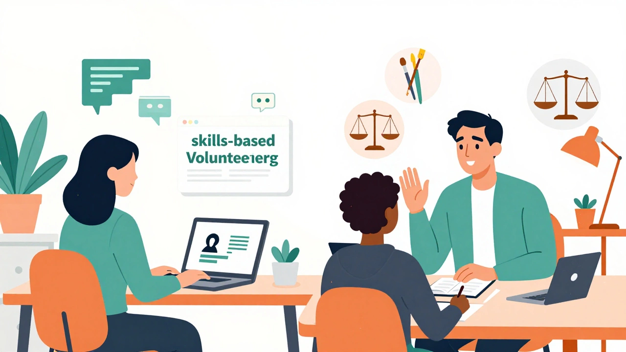 Professionals volunteering skills remotely via laptop and video call