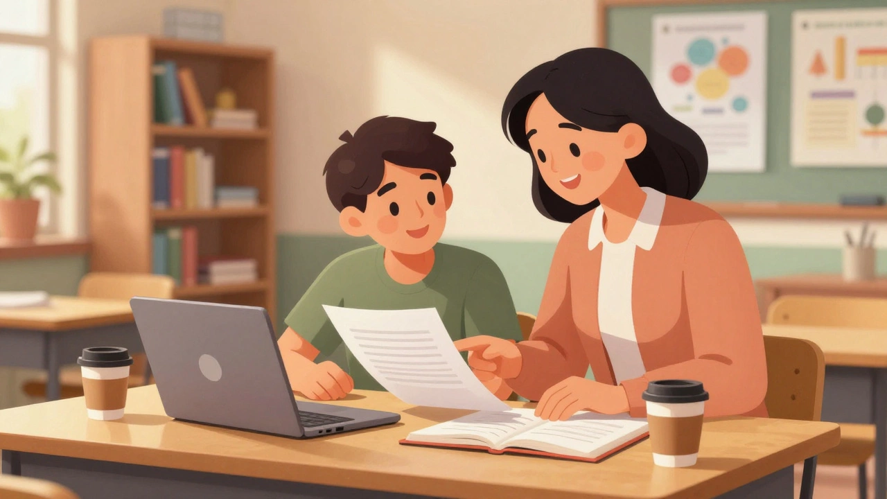 Student and teacher reviewing club documents together at a desk