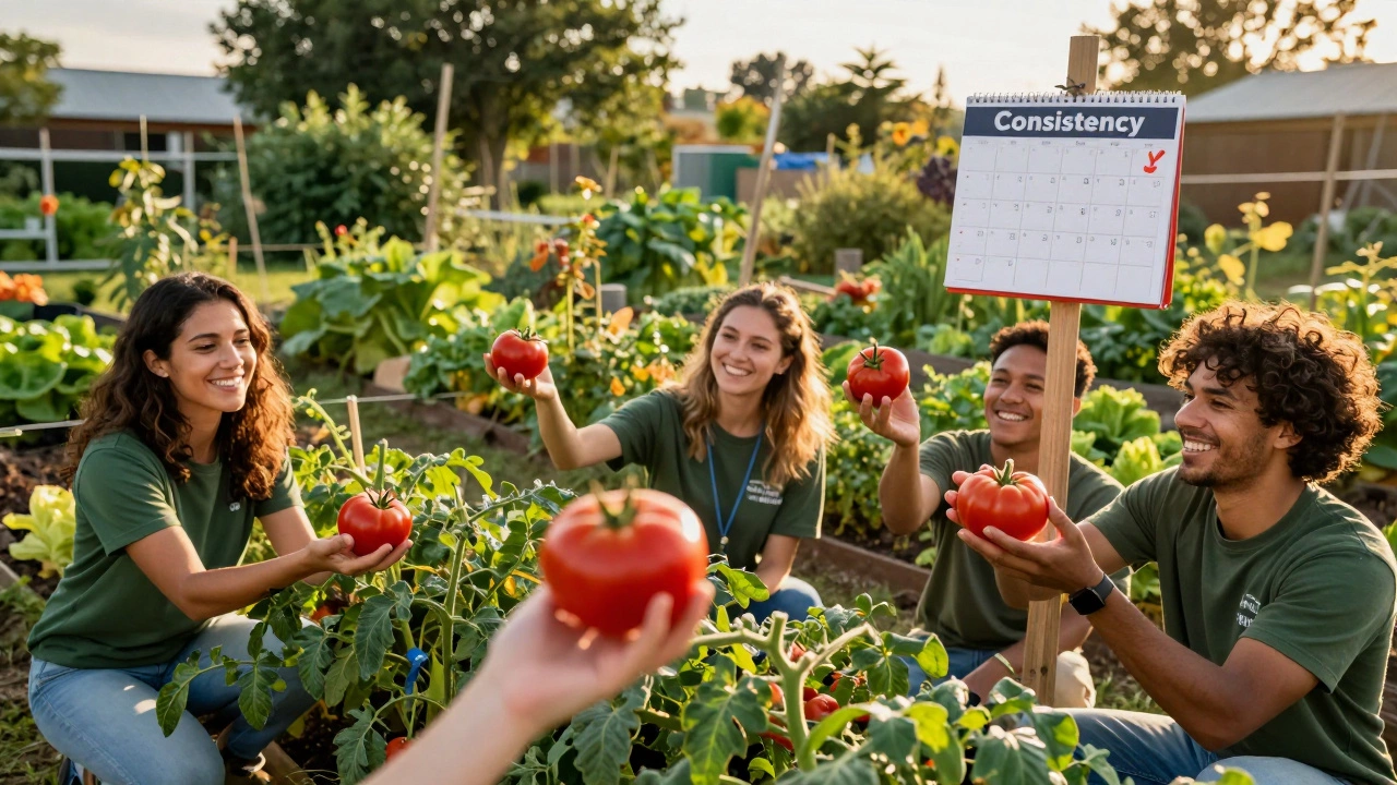 Volunteers celebrating ripe tomatoes in a sunlit community garden
