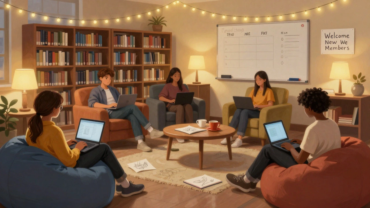 A cozy, warmly lit library space where diverse students relax, code, and chat together.